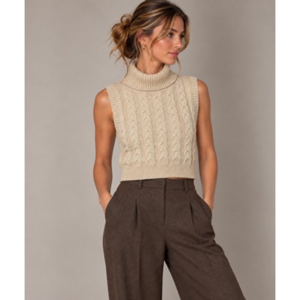 Cider Sweater Vest Womens M Beige Cable Knit Turtleneck Sleeveless Layering - Picture 1 of 13
